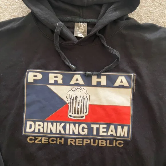 Vintage Praha Drinking Team Czech Republic Graphic Black Hoodie Sweatshirt M - Picture 2 of 6